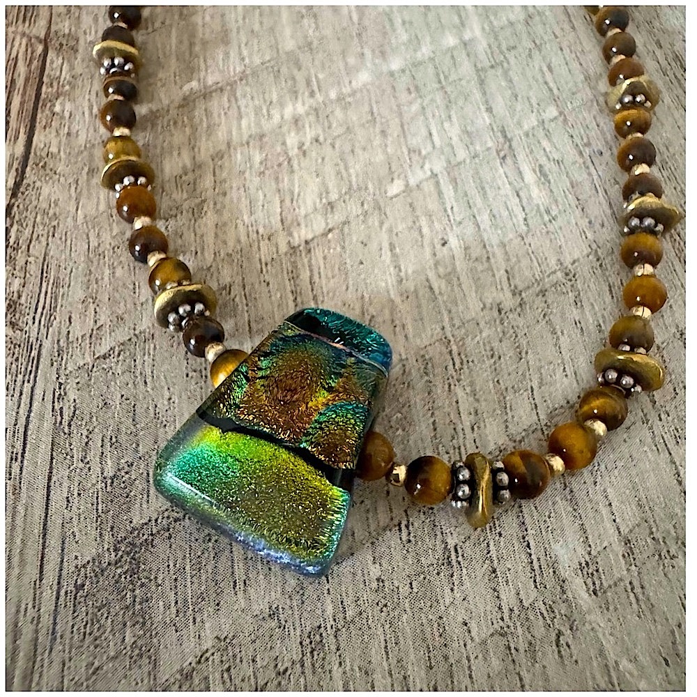 Mosaic Dichroic Foil Art Glass Pendant Necklace